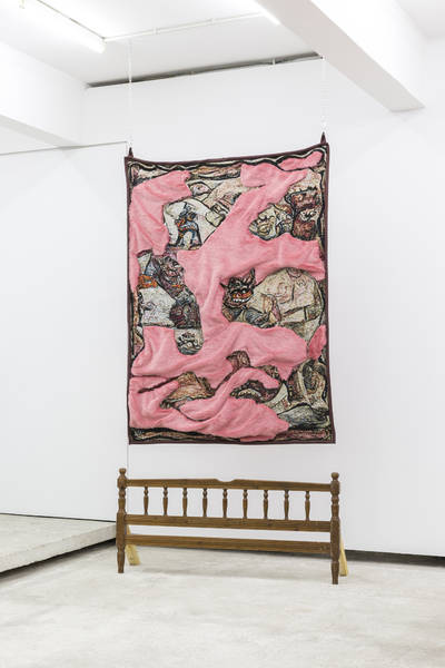 Malformed Thought (Ork Tapestry II), 2022. Theo Triantafyllidis. Woven Tapestry, Synthetic Fur & Fabrics, Wood Frame, 1.85x1.35m 